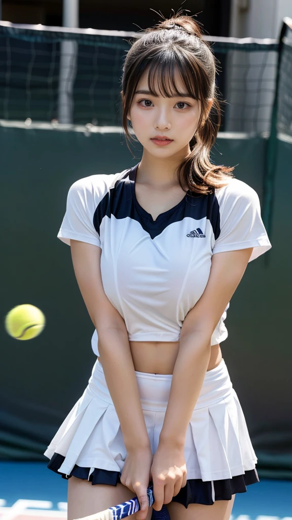 masterpiece, best quality, illustration, Super detailed, fine details, High resolution, 8K,wall paper, perfect dynamic composition, front view, standing, leaning forward, 18 year old girl, tennis player, Gravure Idol, cute type, (Details High quality, realistic depiction of eyes:1.3), (Colossal tits:1.2), expresses the roundness and softness of your chest., low ponytail, black hair color, Dark makeup, Big Natural Color Lip, thick thighs, perfect body shape, plump figure, large hips, beautiful clavicle, white tennis uniform, short sleeve, shirt, skirt, socks, tennis shoes, depth of fields, natural lighting