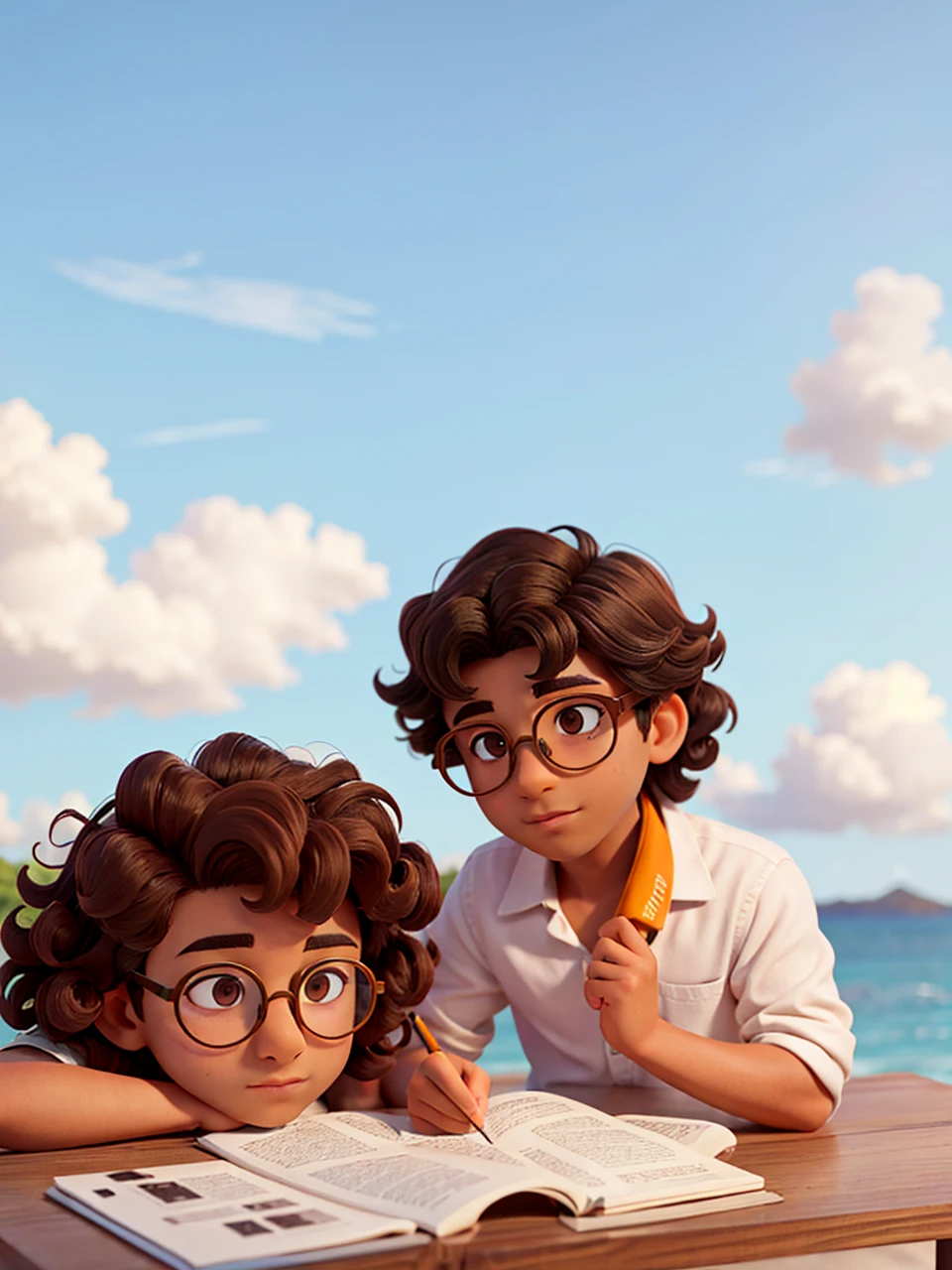 Brown boy with curly hair and round glasses