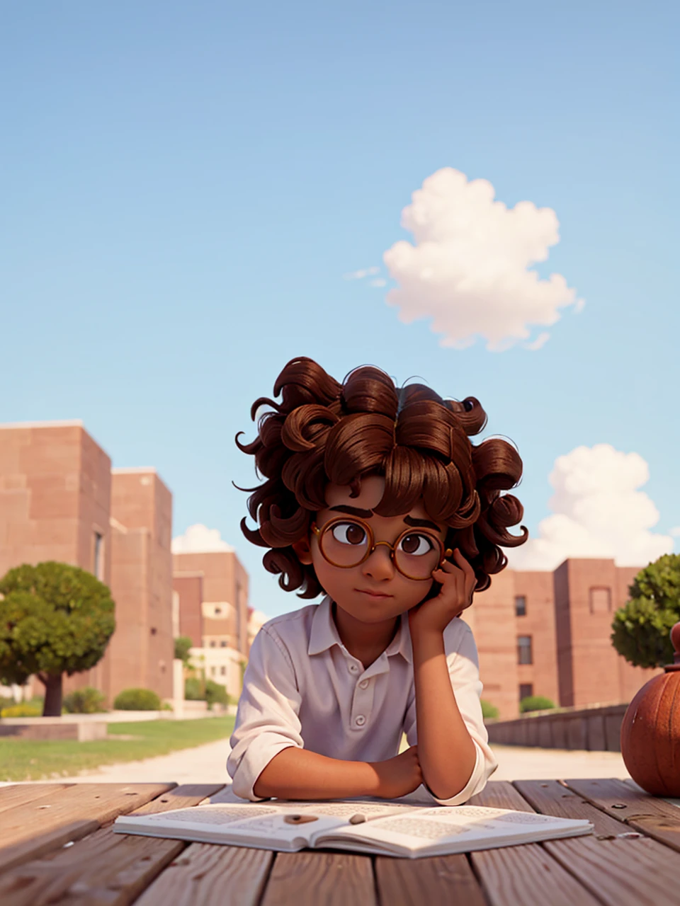 Brown boy with curly hair and round glasses