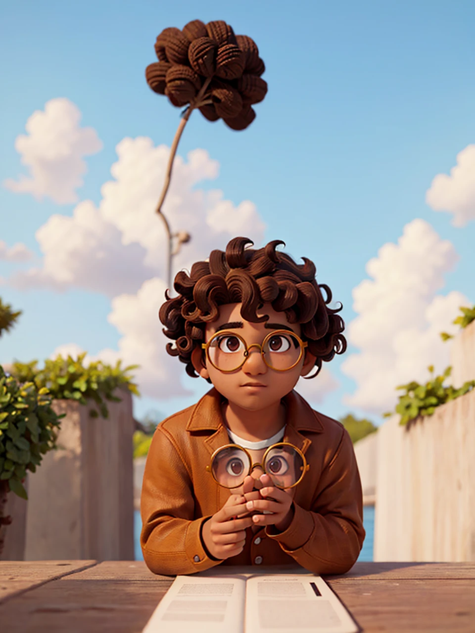 Brown boy with curly hair and round glasses