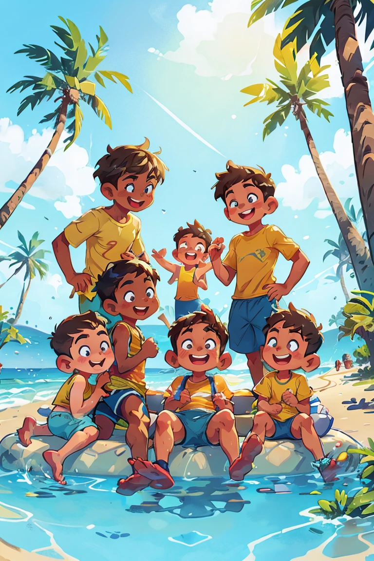 Five characters in a scene (boys having fun). five boys, sweaty, smiling, oily skin, delicate body, wearing swim trunks, having fun on a beach (blue sky, palm trees), the boys are looking at the boys with admiration.