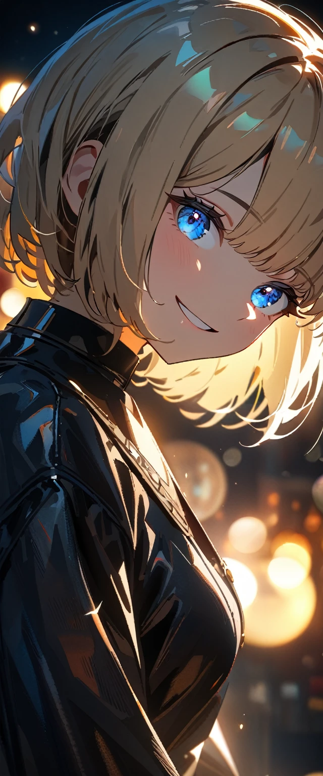(((One girl))), Shibuya, blond hair, bob cut, ((upper body)), (looking at viewer), breasts, teenager, head tilt:1.3, (((blue eye))), constricted pupils, (from side:1.3), ((happy smile)), gothic lolita:1.3, anime style, (best quality, 4k, 8k, highres, masterpiece:1.2, ultra-detailed, ultra-detailed eyes, HDR, UHD, studio lighting, ultra-fine painting, sharp focus, physically-based rendering, extreme detail description, professional, vivid colors, bokeh)