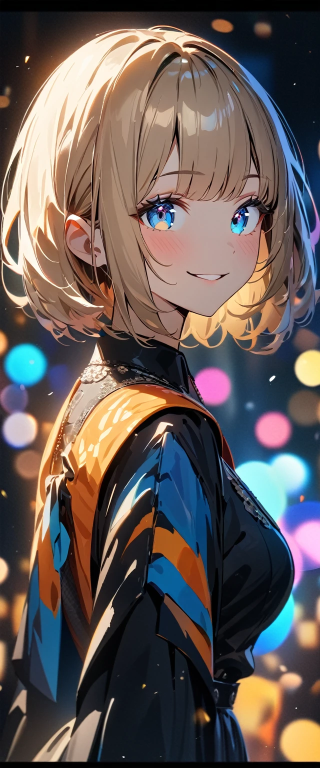 (((One girl))), Shibuya, blond hair, bob cut, ((upper body)), (looking at viewer), breasts, teenager, head tilt:1.3, (((blue eye))), constricted pupils, (from side:1.3), ((happy smile)), gothic lolita:1.3, anime style, (best quality, 4k, 8k, highres, masterpiece:1.2, ultra-detailed, ultra-detailed eyes, HDR, UHD, studio lighting, ultra-fine painting, sharp focus, physically-based rendering, extreme detail description, professional, vivid colors, bokeh)