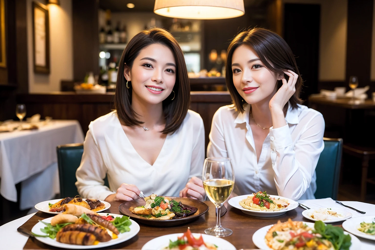 ((Highest quality、8K、masterpiece:1.3))、1 male 1 female、lover、Beautiful couple、Happy smile、full-course dinner、 (Slim face), (the body is スリム), (Brown Hair), (Shortcuts), ((Bob Hale、Straight hair:1.2)), テーブルの上のwine glass、Put the light on your face、 Amazing view of the sunset sky and clouds、The beauty of a smile、Bright image、Blushing, Shortcuts, (Age 35), 39 years old, Appetizers、Italian food、Wine bottle、Champagne、sparkling wine、Long sleeve shirt、dress、Attractive beauty、restaurant, Nova Frog Style, actress, model, Upper Body, White wine, red wine, wine glass,