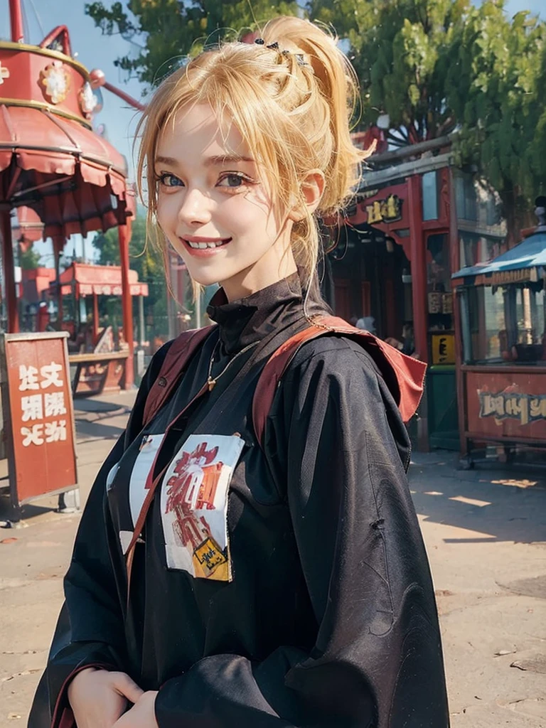 ((masterpiece:1.5)), 1woman, 20years old, blonde hair, short hair, ponytail, ((upper body:1.2)), ((big smile)), looking back, ((amusement park)), Korean