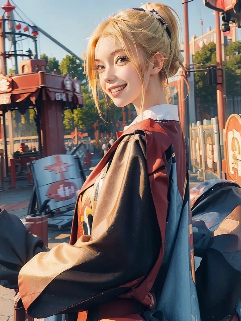 ((masterpiece:1.5)), 1woman, 20years old, blonde hair, short hair, ponytail, ((upper body:1.2)), ((big smile)), looking back, ((amusement park)), Korean