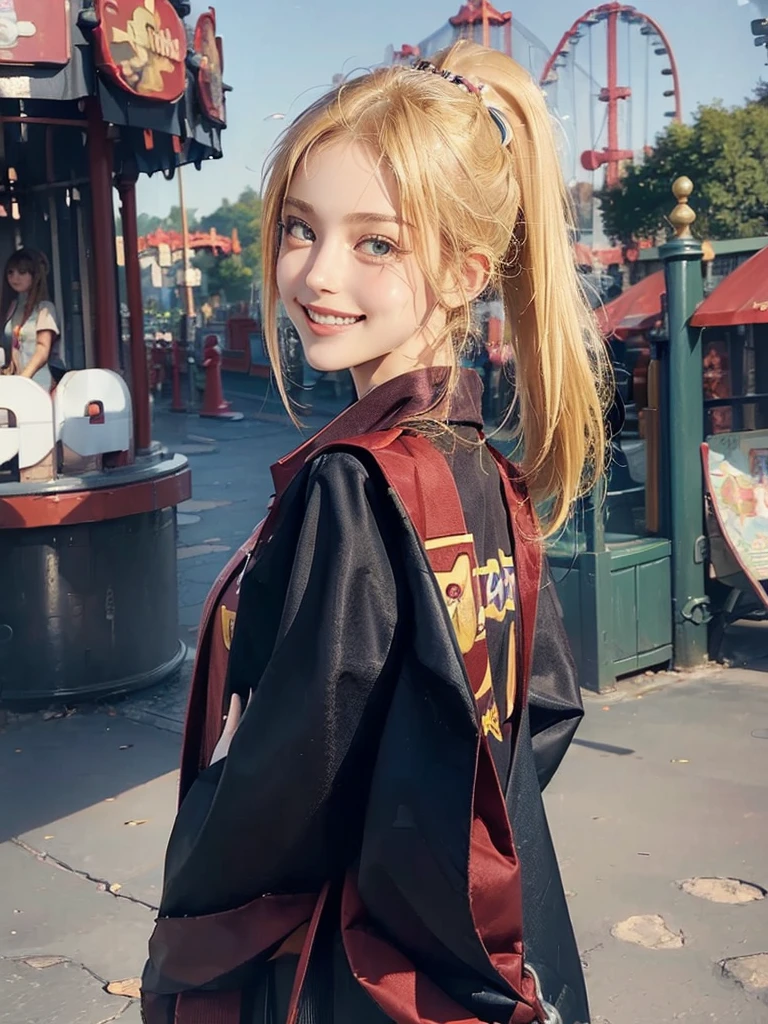 ((masterpiece:1.5)), 1woman, 20years old, blonde hair, short hair, ponytail, ((upper body:1.2)), ((big smile)), looking back, ((amusement park)), Korean