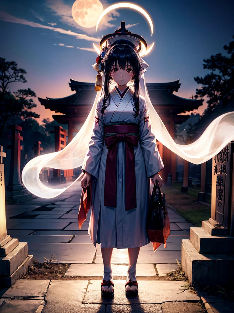 Highest quality,Highest Resolution,Cemetery at night,Ghost Girl,Japan,Ghost,Shrine maiden costume,full moon,Halo,