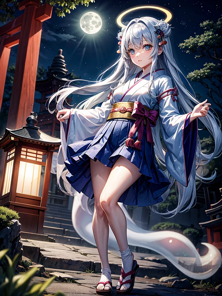 Highest quality,Highest Resolution,Cemetery at night,Ghost Girl,Japan,Ghost,Shrine maiden costume,full moon,Halo,