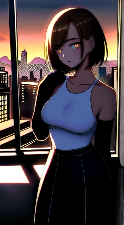 ((Midnight, Best quality, 8k, Masterpiece :1.3)), Whole body, Long legs, Sharp focus :1.2, A pretty woman with perfect figure :1.4, Slender abs :1.1, ((Dark brown hair, Big breasts :1.2)), (White tight tshirt, Jean bib, Standing:1.2), ((Night city view, Rooftop:1.3)), Highly detailed face and skin texture, Detailed eyes, Double eyelid, sunset, darken, backlit, off shoulder