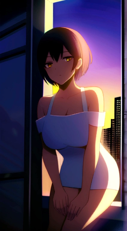 ((Midnight, Best quality, 8k, Masterpiece :1.3)), Whole body, Long legs, Sharp focus :1.2, A pretty woman with perfect figure :1.4, Slender abs :1.1, ((Dark brown hair, Big breasts :1.2)), (White tight tshirt, Jean bib, Standing:1.2), ((Night city view, Rooftop:1.3)), Highly detailed face and skin texture, Detailed eyes, Double eyelid, sunset, darken, backlit, off shoulder