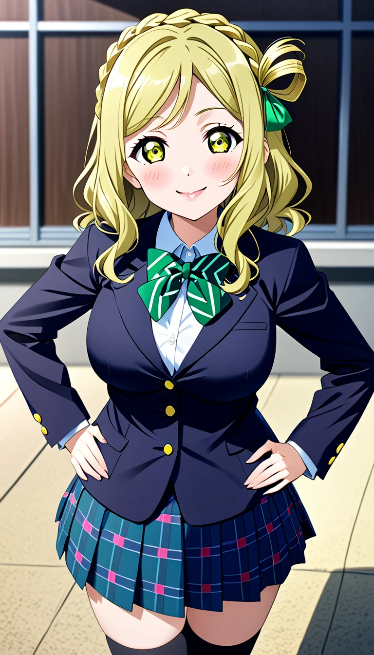 ohara mari, love live! sunshine!, blonde hair, blue eyes, wavy hair, hair band, large breasts , skirt, , otonokizaka , jacket,green bow tie, closed mouth, blazer, looking at viewer, pleated skirt, smile, winter uniform, striped bow, blue striped skirt, blush, plaid skirt, green striped bowtie, standing,put hands on hip,cowboy shot, green bow, long sleeves, miniskirt,in school :d, knee high socks, BREAK score_9, score_8_up, score_7_up, score_6_up, source_anime 