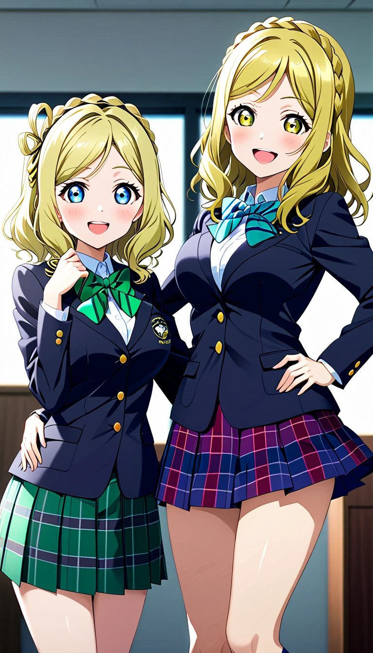 ohara mari, love live! sunshine!, blonde hair, blue eyes, wavy hair, hair band, large breasts , skirt, , otonokizaka , jacket,green bow tie, closed mouth, blazer, looking at viewer, pleated skirt, smile, winter uniform, striped bow, blue striped skirt, blush, plaid skirt, green striped bowtie, standing,put hands on hip,cowboy shot, green bow, long sleeves, miniskirt,in school :d, knee high socks, BREAK score_9, score_8_up, score_7_up, score_6_up, source_anime