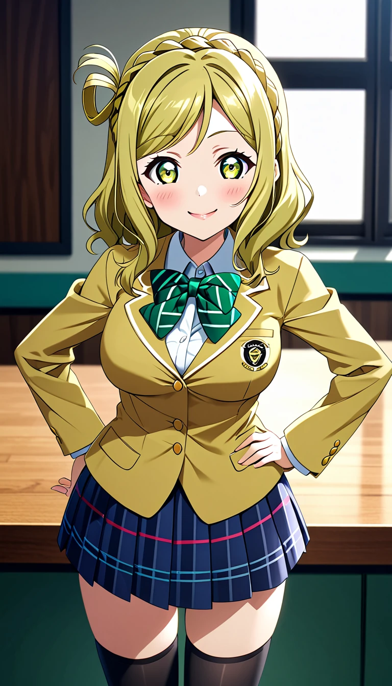ohara mari, love live! sunshine!, blonde hair, blue eyes, wavy hair, hair band, large breasts , skirt, , otonokizaka , jacket,green bow tie, closed mouth, blazer, looking at viewer, pleated skirt, smile, winter uniform, striped bow, blue striped skirt, blush, plaid skirt, green striped bowtie, standing,put hands on hip,cowboy shot, green bow, long sleeves, miniskirt,in school :d, knee high socks, BREAK score_9, score_8_up, score_7_up, score_6_up, source_anime