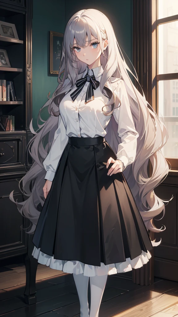 ((masterpiece, best quality)), Delicate face，High School Suit Jacket、Long skirt、JK style，Full body painting，Perfect body proportions，Large Breasts，Long legs，((Long wavy hair)), ((Half of her hair is white，The other half is black，Available in two colors))，beautiful eyes，Fantasy style，Extremely beautiful，transparent，Erotic_lingerie，Lace，Pantyhose