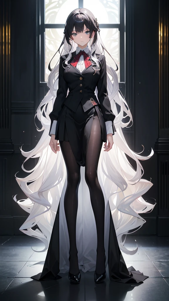 ((masterpiece, best quality)), Delicate face,High School Suit Jacket、Long skirt、JK style,Full body painting,Perfect body proportions,Large Breasts,Long legs,((Long wavy hair)), ((Half of her hair is white,The other half is black,Available in two colors)),beautiful eyes,Fantasy style,Extremely beautiful,transparent,Erotic_lingerie,Lace,Pantyhose