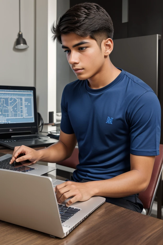 A Junier mechanical engineer boy working in a laptop with autocad software
