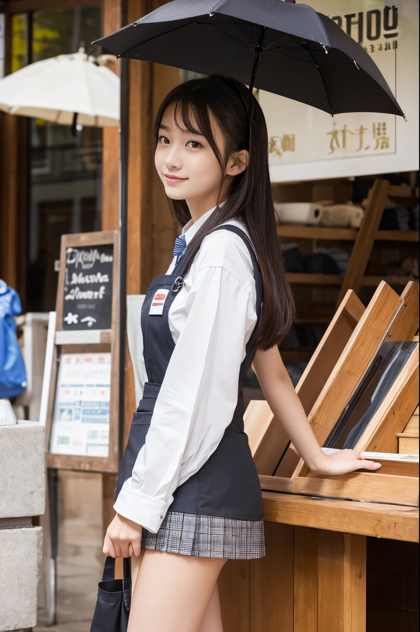 A 20-year-old girl working at an umbrella store(Wearing a miniskirt and apron)