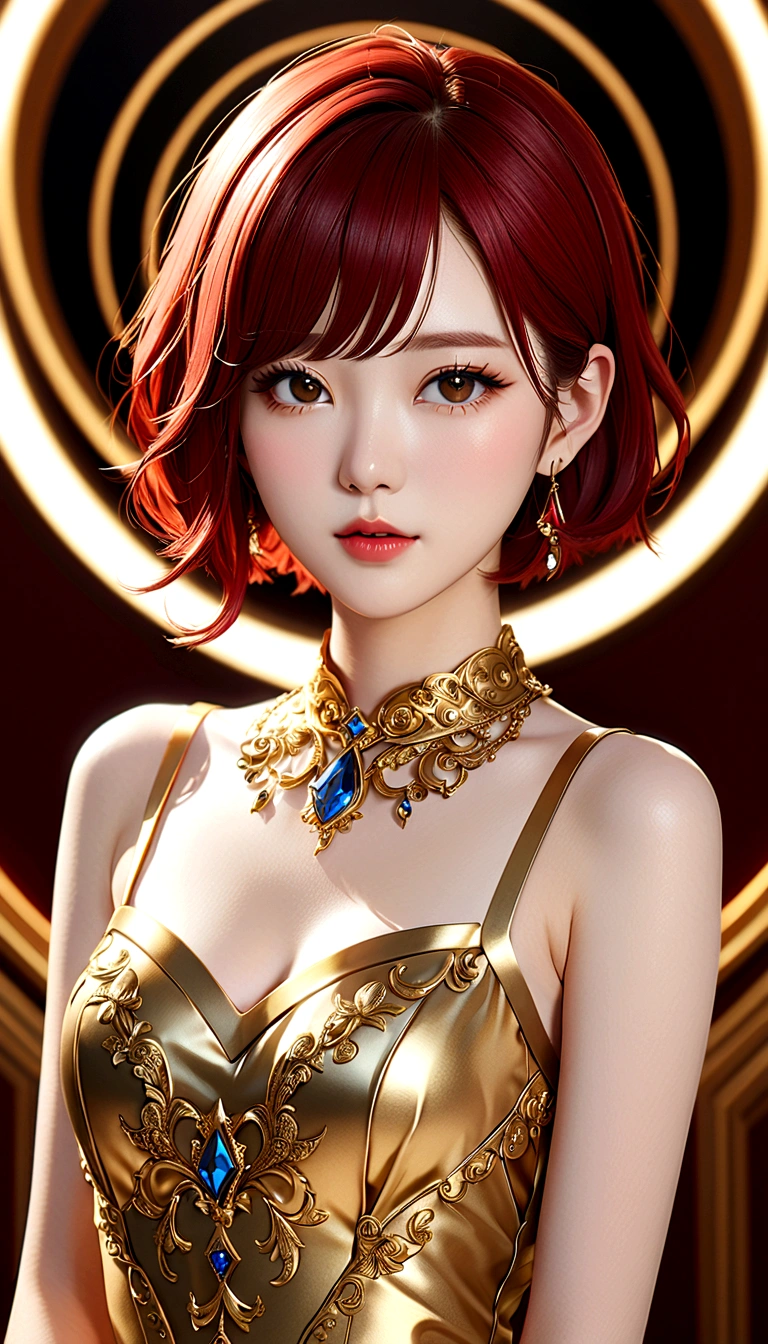 1 Girl, Korean Idol, Red short hair, Very pale skin, Gold dress, (Extremely detailed CG unity 8k wallpaper), The most beautiful works of art in the world,