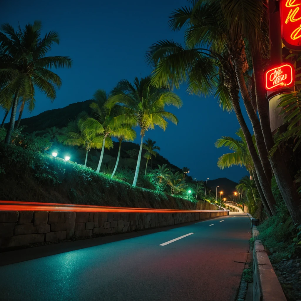 Shonan Coast at Night　Along the highway　Tropical night　summer　Neon Light　busy　看板にTropical nightの文字
