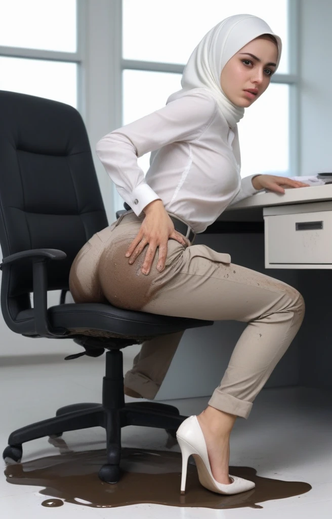 Ultra-realistic, 4k, 1girl, slim face, pretty face, cute eyes, skinny body, wearing white hijab, white chino pants, tight long sleeve classic buttoned shirt, white heels, nervous facial expressions, very sweaty, both hands on ass, in office, near the office chair, dirty office chair, dirty pants, dirty clothes, sweaty clothes, (((make the whole image filthy and dirty))), (((mud overflowing from pants))), stinky atmosphere, filthy atmosphere, mud on pants, disgusting office, too much mud on pants