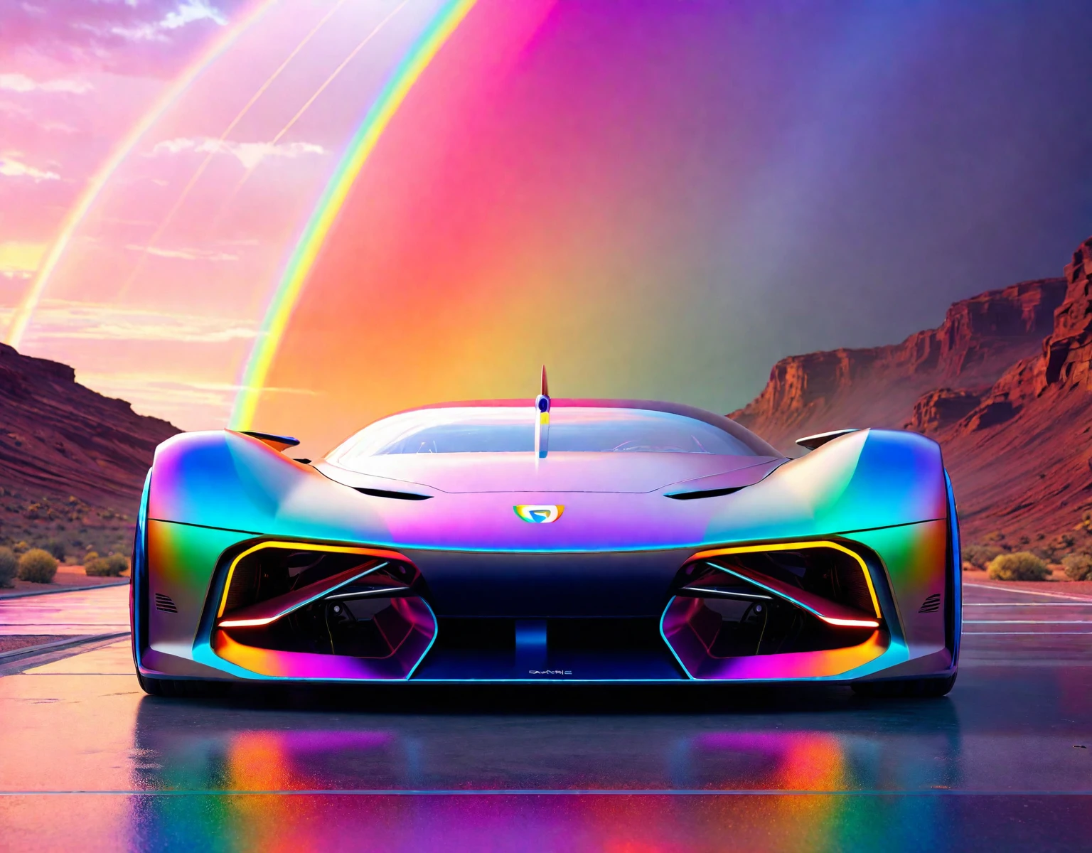 a close up of a Futuristic car with a rainbow in the background, futuristic product car shot, Rendering of futuristic supercar, Futuristic concept car, concept design art octane render, Futuristic car, Futuristic car concept, Future concept design, daniel maidman octane rendering, front Photo, aesthetic octane render, Super Rendering in Octane Render, Futuristic design, Futuristic Vehicles