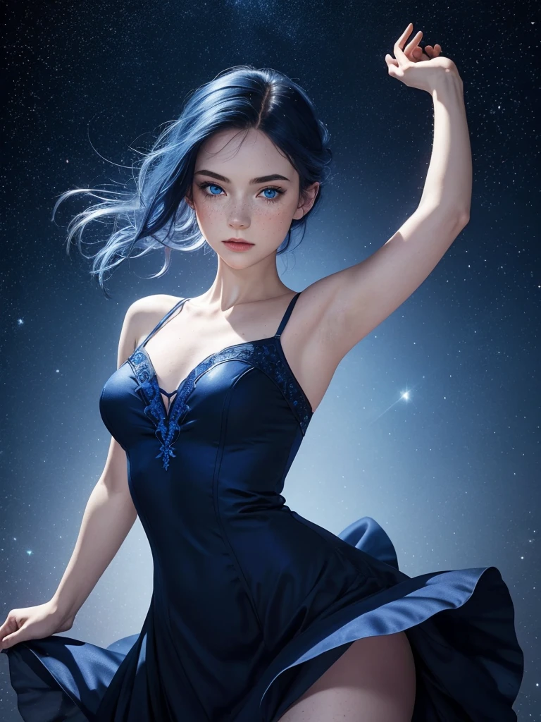 1woman, blue indigo hair, azur blue eyes, pale skin, freckles, black and royal blue ballerina dress, ballerina, arabesque pose, starry background,medium hair, medium chest