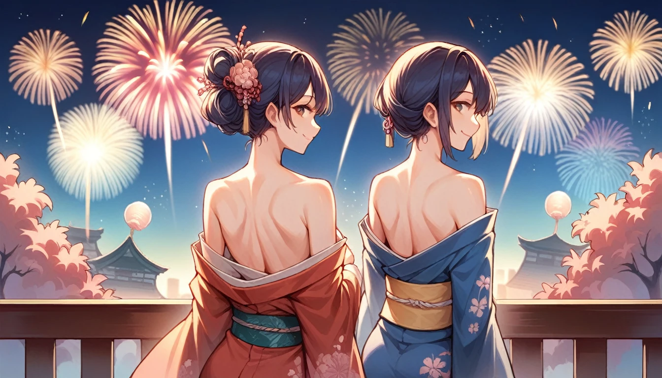 score_9, score_8_up, score_7_up, source_anime, from behind, solo, 1girl, odelschwanck, smile, looking back, random color kimono, off shoulder, bare shoulders, backboob, Fireworks