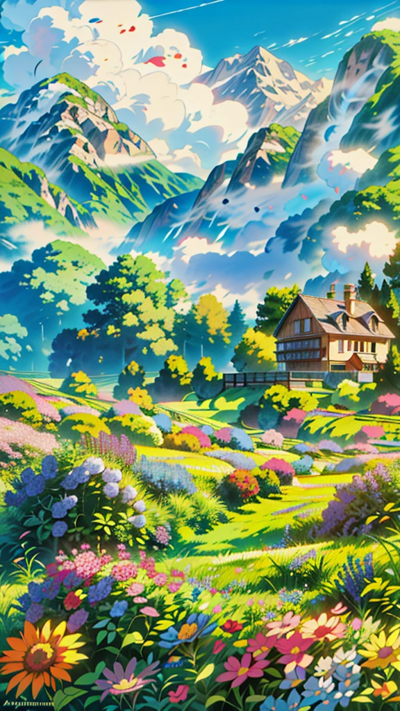 a painting of a house in a field of flowers, anime beautiful peace scene, background of flowery hill, anime nature wallpap, studio ghibli environment, anime. by makoto shinkai, anime nature, by makoto shinkai, by Makoto Shinkai, anime scenery, anime landscape, beautiful anime scene, colorful anime movie background, anime background art, 4k hd,, beautiful art uhd 4 k, a beautiful artwork illustration, beautiful digital painting, highly detailed digital painting, beautiful digital artwork, detailed painting 4 k, very detailed digital painting, rich picturesque colors, gorgeous digital painting