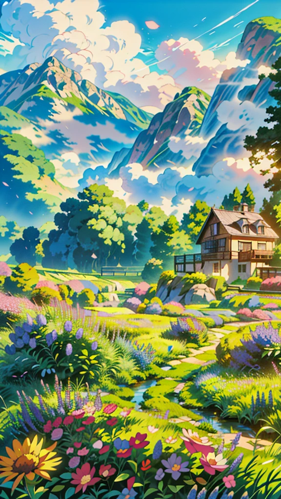 a painting of a house in a field of flowers, anime beautiful peace scene, background of flowery hill, anime nature wallpap, studio ghibli environment, anime. by makoto shinkai, anime nature, by makoto shinkai, by Makoto Shinkai, anime scenery, anime landscape, beautiful anime scene, colorful anime movie background, anime background art, 4k hd,, beautiful art uhd 4 k, a beautiful artwork illustration, beautiful digital painting, highly detailed digital painting, beautiful digital artwork, detailed painting 4 k, very detailed digital painting, rich picturesque colors, gorgeous digital painting