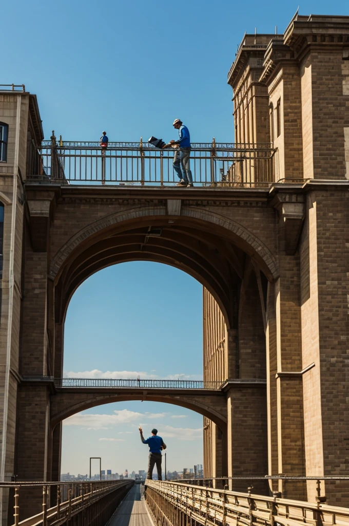 Man building a high bridge in the city 