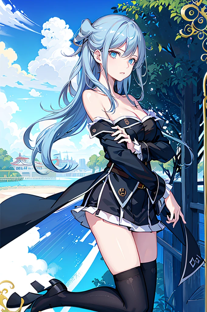 1girl, solo, outdoors, long hair, holy place, Original,(Illustration:1.1),(Best Quality),(masutepiece:1.1),(the Extremely Detailed CG Unity 8K Wallpapers:1.1), (Colorful:0.9),(mid-shot:0.95),(extremely detailed beautiful face),(Solo:1.2), (girl),(((Lori))), (Detailed beautiful eyes:1.15), (Beautiful face:1.15), (Glowing blue eyes:1.25////),(((sky blue Long Hair))),(two side up),(+perfect hand+:1.21),(Draw illustration of Japan priestess costume),(slender),(White pleated skirt),(Gothic),((black thighhighs)),(frilld),(Beautiful Slender Lolita Girl),hallowween,standing, girl,, girl,foggy place,vampire,sky blue hair,((full body,whole body)),((black thighhighs)),((black thighhighs)),((full body,whole body)),((full body,whole body)),((full body,whole body)),