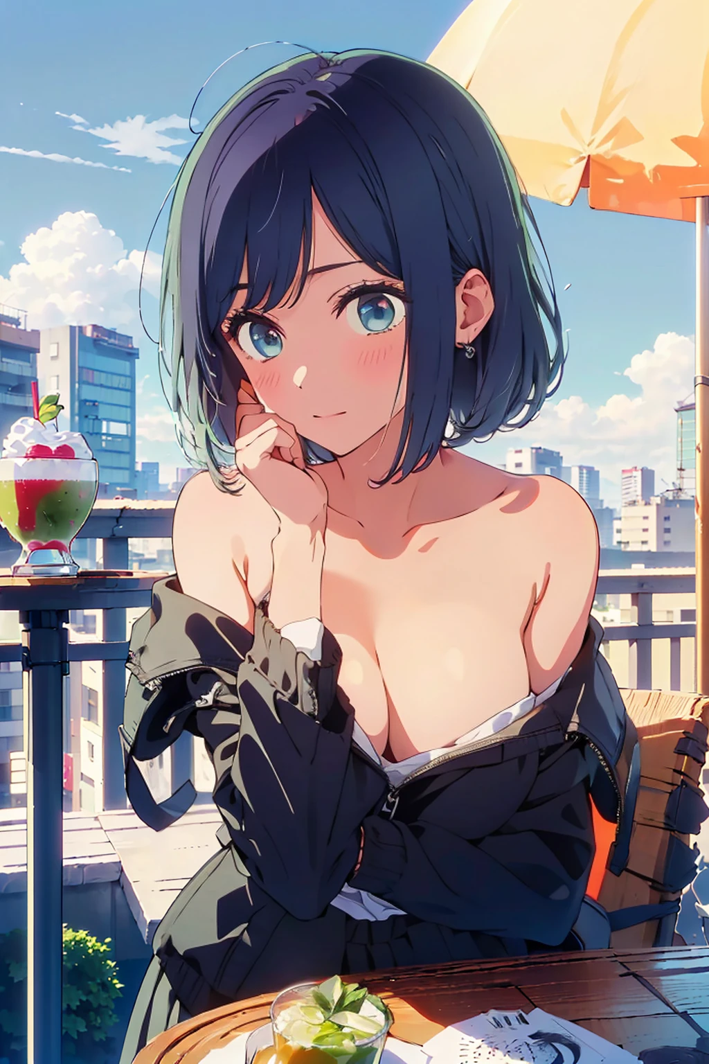 (Highest quality:1.4、8K:1.4、detailed)、F cup bust、Big Breasts、Slim body、Very white beautiful skin、((((1 person、Surprised expression、sit、Chair、In the background are the urban buildings of Tokyo、looking at the camera、Outdoor café terrace、Navy hair color、juice、table、Very cute face))))、((((nude、Areola))))、(Pose with hair tucked behind ears with both hands:1.4、Cheek resting on hand:1.4)、((Off-the-shoulder black blouson with zipper))、Nipples、Very blue sky、A completely cloudless sky