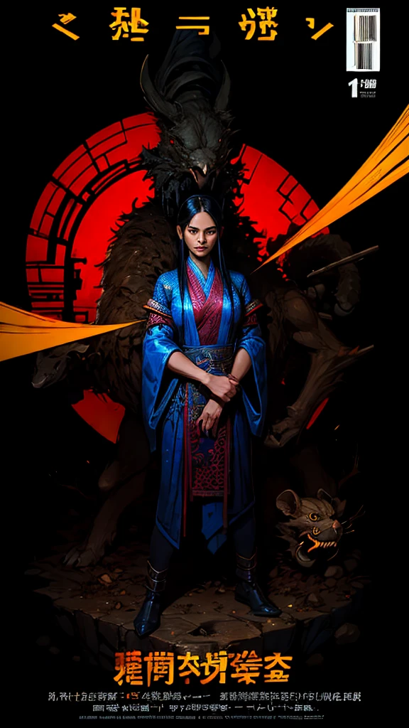 ((((Dramatic))), (((grittiness))), (((Intense))) The movie poster features a young woman as the central character。She stands confidently in the center of the poster,Wear Chinese warrior clothing,with a determined expression on her face。The background is dark and gritty,There is a sense of danger and a strong feeling。The text is bold and eye-catching,With catchy slogans,Adds to the overall drama and excitement,Dotted with bright colorake the poster dynamic and visually striking,tachi-e (Magazines:1.3), (Cover-style:1.3), Fashionab, woman, vibrant, Outfit, posing on a, Front,rich colourful,dyna,Background with,Chinese elements,self-assured,Expressing the,halter,statement,Attachment,A majestic,coil,Runt,Touching pubic area,Scenes,text,Cover of a,boldness,attention-grabbing,