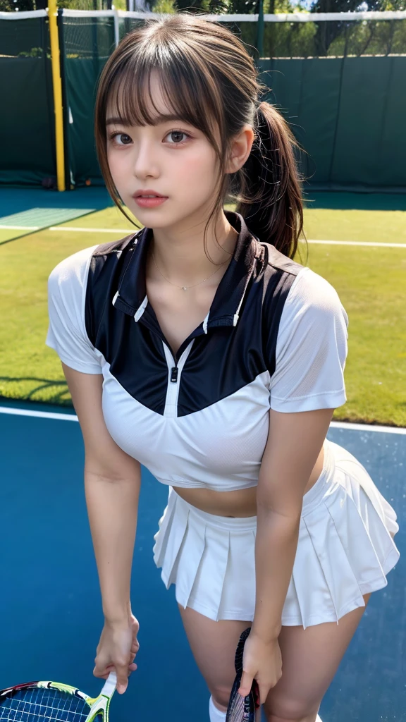 masterpiece, best quality, illustration, Super detailed, fine details, High resolution, 8K,wall paper, perfect dynamic composition, front view, standing, leaning forward, 18 year old girl, tennis player, Gravure Idol, cute type, (Details High quality, realistic depiction of eyes:1.3), (Colossal tits:1.2), expresses the roundness and softness of your chest., low ponytail, black hair color, Dark makeup, Big Natural Color Lip, thick thighs, perfect body shape, plump figure, large hips, beautiful clavicle, white tennis uniform, short sleeve, shirt, skirt, socks, tennis shoes, depth of fields, natural lighting