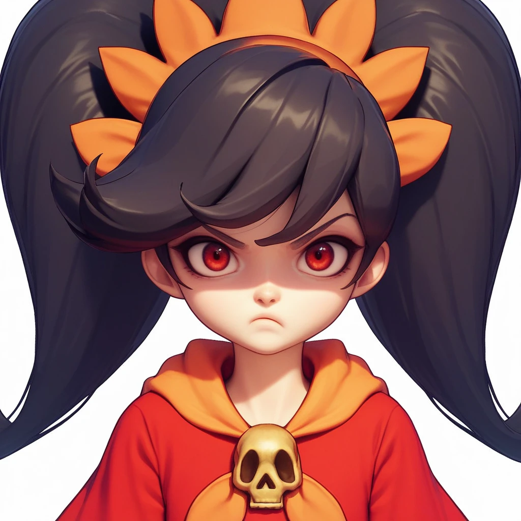 score_9, score_8_up, score_7_up, score_6_up, score_5_up, score_4_up, 1girl,ashleywario, 1girl, twintails, red eyes, long hair, black hair, dress, orange hairband, red dress, big hair, skull, hairband, orange neckerchief, looking at viewer, upper body, annoyed, close-up of face,shaded face, purple backgroumd