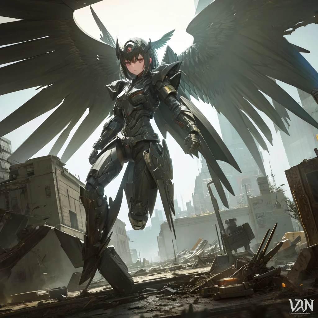 female mecha wings of angel, in black armor, in a destroyed city, the night, with an eclipse in the background