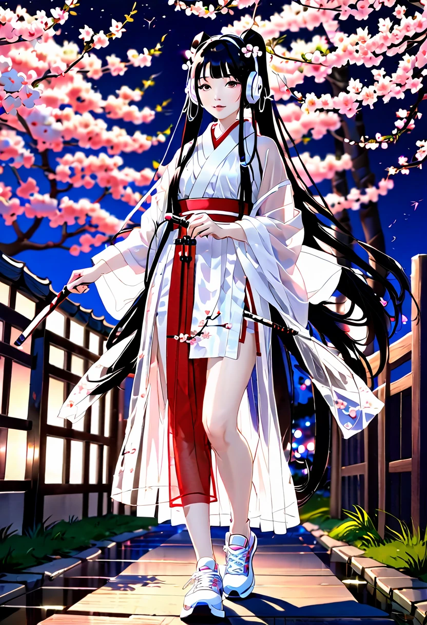 Long black hair　Twin tails　Red Mesh　Holding a long wooden sword　listening to music with white headphones　Her short kimono shows off her long, slender legs.。Wearing white sneakers。Standing in front of a cherry blossom tree at night