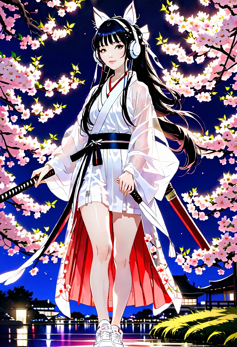 Long black hair Twin tails Red Mesh Holding a long wooden sword listening to music with white headphones Her short kimono shows off her long, slender legs.。Wearing white sneakers。Standing in front of a cherry blossom tree at night