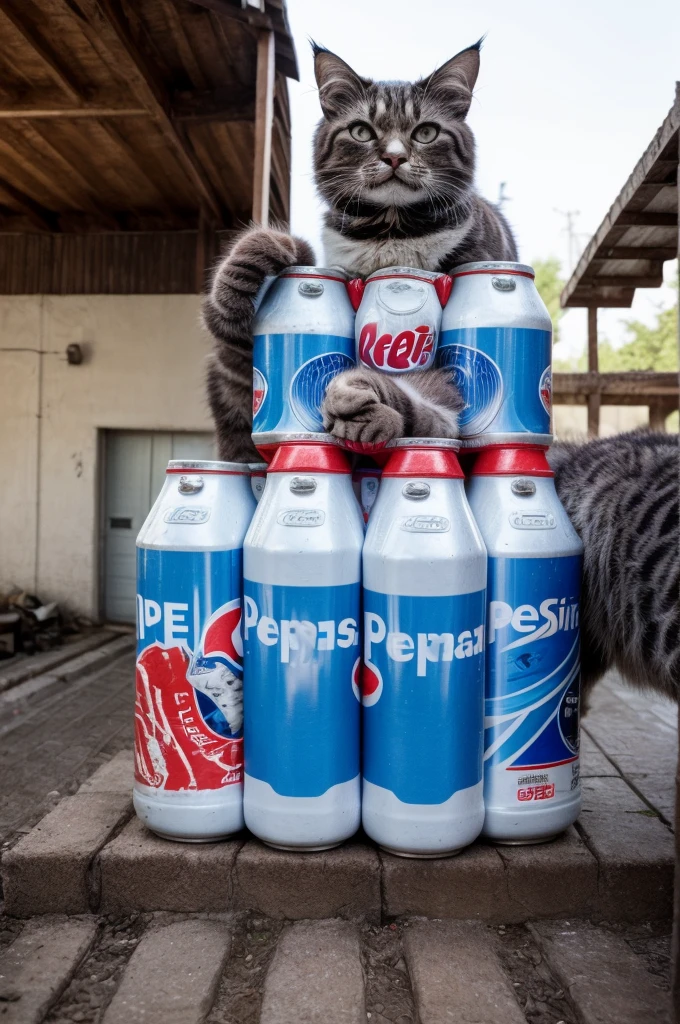 A huge cat with kittens growling and looking angry at humans for their Pepsi-Cola's cans that they considers their property and they won't share with anyone.
