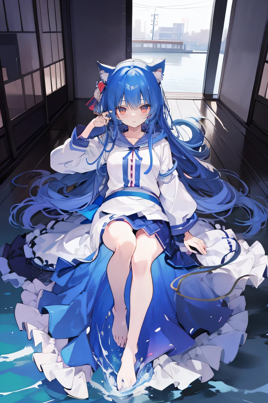 （masterpiece：1.2），Super detailed，lifelike，Expressive eyes，fair skin，perfect face shape，1 girl，
Japanese comics,Gorgeous blue hair,flowing blue hair,flowing clothes,Cat ears,Petals fall,beautiful lola,Baby Angel,
Shaking head with one hand，Cross your legs，Gentle and peaceful background，The pavilion is cool and comfortable,smile, wearing hoodie, background of tokyo,back views,snowing, winter,lie on the water. 