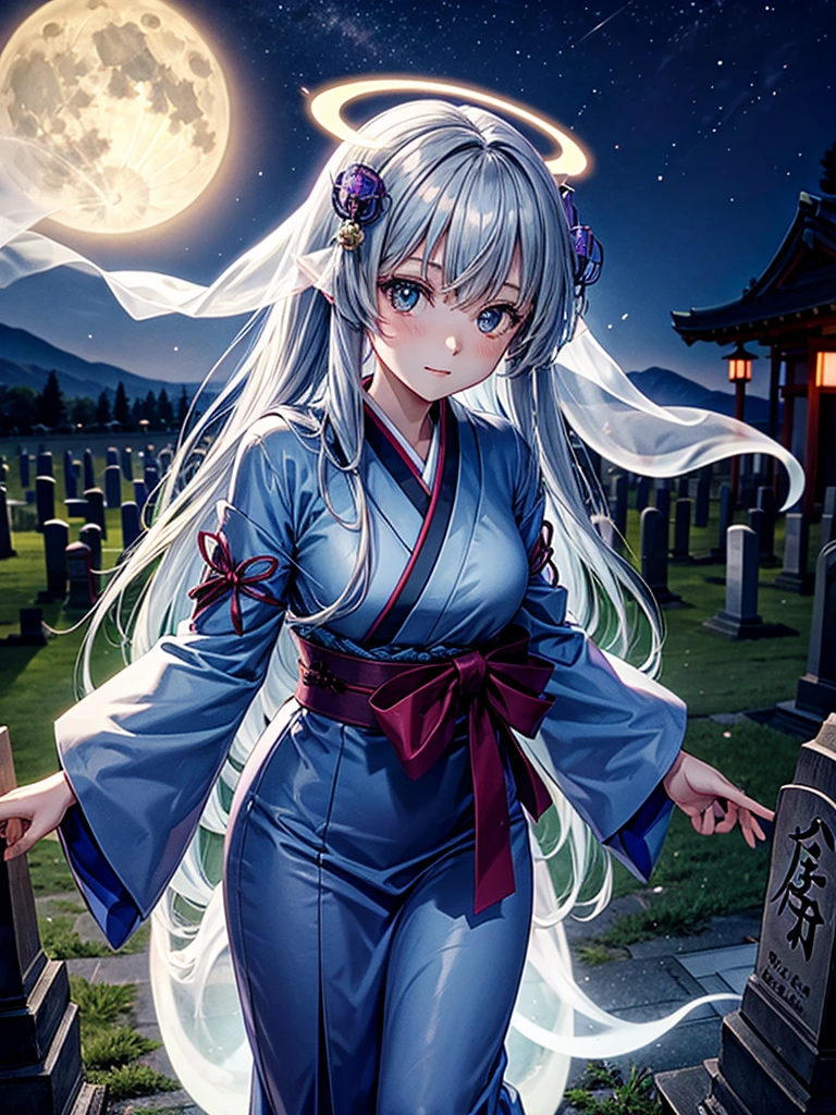 Highest quality,Highest Resolution,Cemetery at night,Ghost Girl,Japan,Ghost,Shrine maiden costume,full moon,Halo,