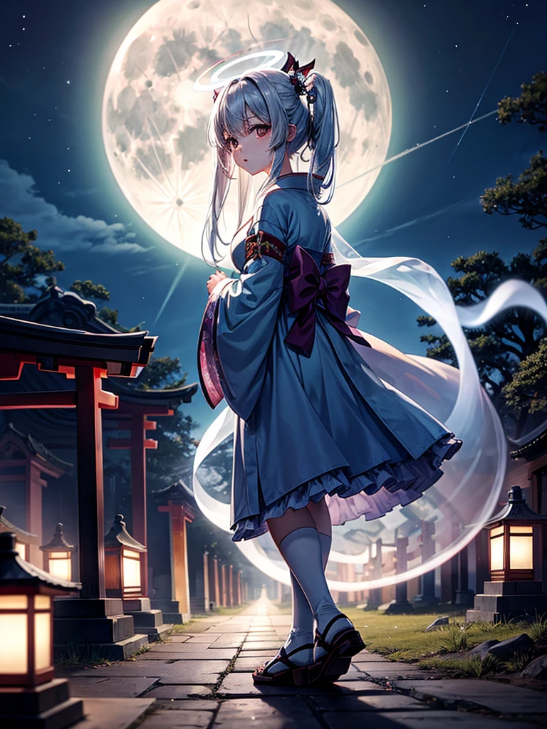 Highest quality,Highest Resolution,Cemetery at night,Ghost Girl,Japan,Ghost,Shrine maiden costume,full moon,Halo,