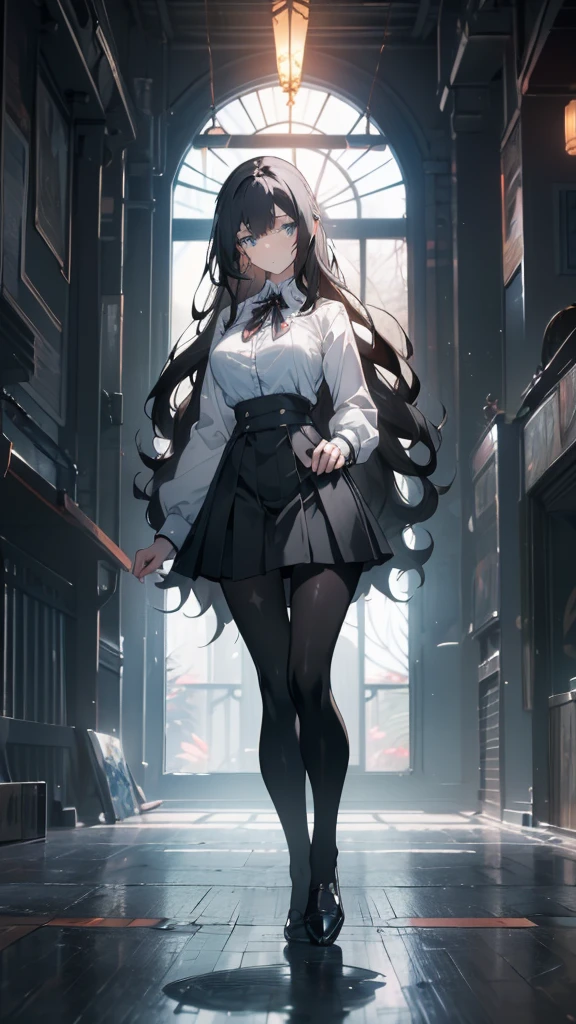((masterpiece, best quality)), Delicate face,High School Suit Jacket、Long skirt、JK style,Full body painting,Perfect body proportions,Large Breasts,Long legs,((Long wavy hair)), ((Half of her hair is white,The other half is black,Available in two colors)),beautiful eyes,Fantasy style,Extremely beautiful,transparent,Erotic_lingerie,Lace,Pantyhose