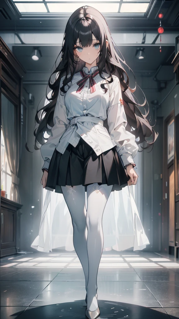 ((masterpiece, best quality)), Delicate face,High School Suit Jacket、Long skirt、JK style,Full body painting,Perfect body proportions,Large Breasts,Long legs,((Long wavy hair)), ((Half of her hair is white,The other half is black,Available in two colors)),beautiful eyes,Fantasy style,Extremely beautiful,transparent,??????_lingerie,Lace,Pantyhose