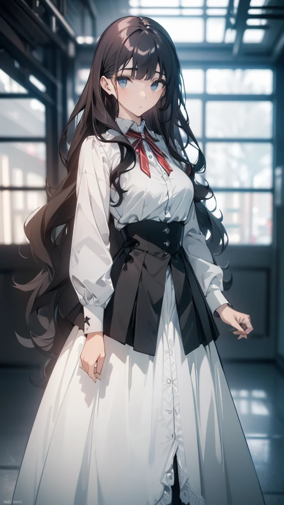 ((masterpiece, best quality)), Delicate face,High School Suit Jacket、Long skirt、JK style,Full body painting,Perfect body proportions,Large Breasts,Long legs,((Long wavy hair)), ((Half of her hair is white,The other half is black,Available in two colors)),beautiful eyes,Fantasy style,Extremely beautiful,transparent,Erotic_lingerie,Lace,Pantyhose