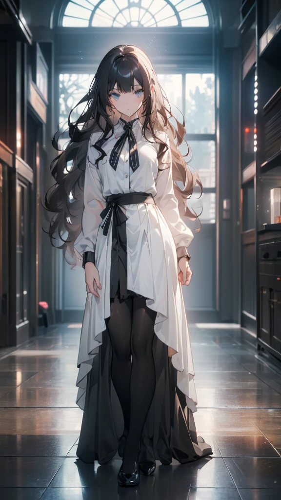 ((masterpiece, best quality)), Delicate face,High School Suit Jacket、Long skirt、JK style,Full body painting,Perfect body proportions,Large Breasts,Long legs,((Long wavy hair)), ((Half of her hair is white,The other half is black,Available in two colors)),beautiful eyes,Fantasy style,Extremely beautiful,transparent,Erotic_lingerie,Lace,Pantyhose