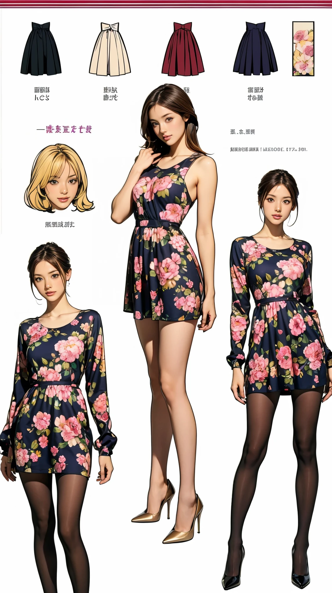 ((masterpiece)),(((Highest quality))),((Character design sheet)),Thin thighs,Long legs,whole body:1.5，(One Girl:1.3),(Black pantyhose and thick pointy heels：1.3),(Wearing a floral dress:1.2),Short blonde:1.2、Model pose，