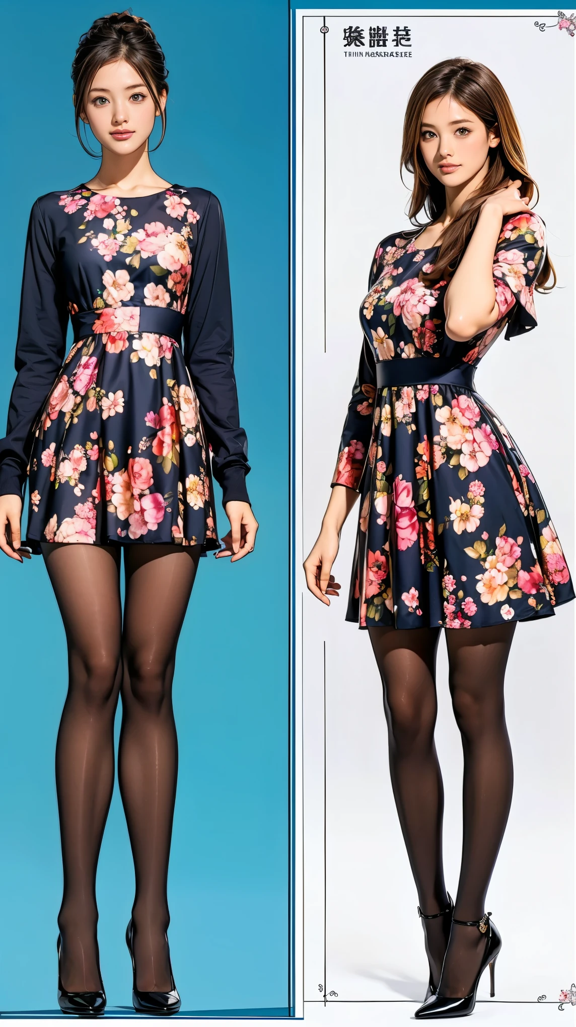 ((masterpiece)),(((Highest quality))),((Character design sheet)),Thin thighs,Long legs,whole body:1.5,(One Girl:1.3),(Black pantyhose and thick pointy heels:1.3),(Wearing a floral dress:1.2),Short blonde:1.2、Model pose,