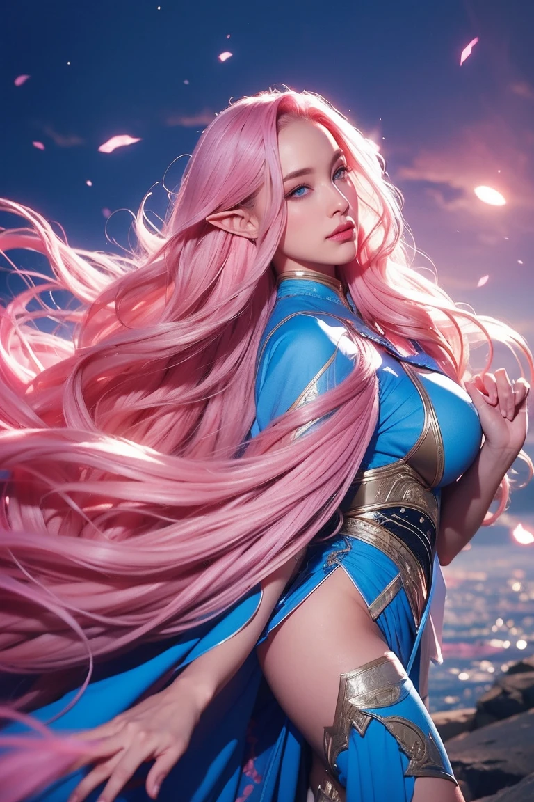 Woman, long wavy hair, pink hair, blue eyes, looking at the landscape, night, wind ,Elf,Legs, holding Kitana 